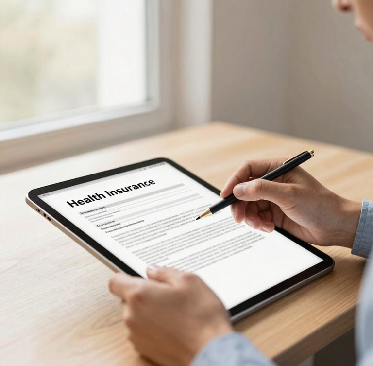 Warm editorial photography of hands reviewing a health insurance contract next to a digital tablet, natural office window light, professional corporate tones, shallow depth of field.