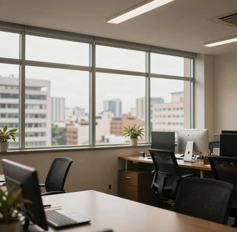 Wide editorial photography of a modern office in São Paulo, natural office window light, professional corporate tones, authentic paulistano environment, shallow depth of field.