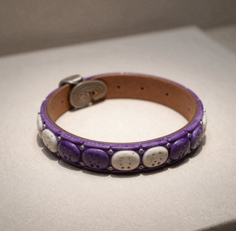 Close-up of a hand-carved purple and white wampum belt resting on a clean linen surface under soft museum gallery spotlight.