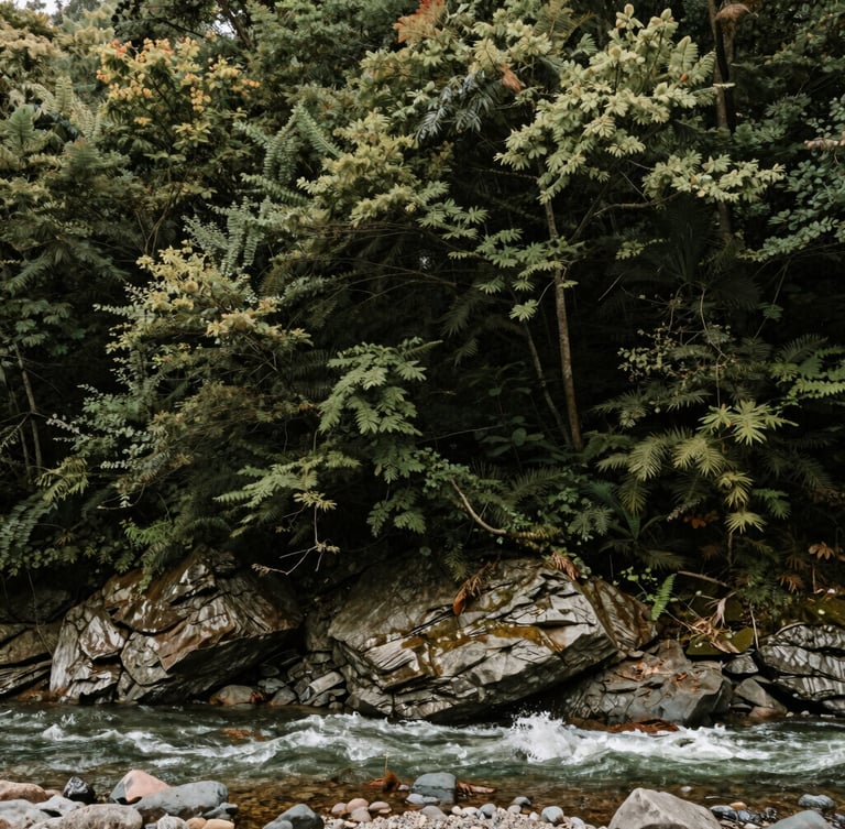 Soft natural light over the Ramapough Mountains, dense forest canopy kissing the edge of a rocky riverbed, archival tone.
