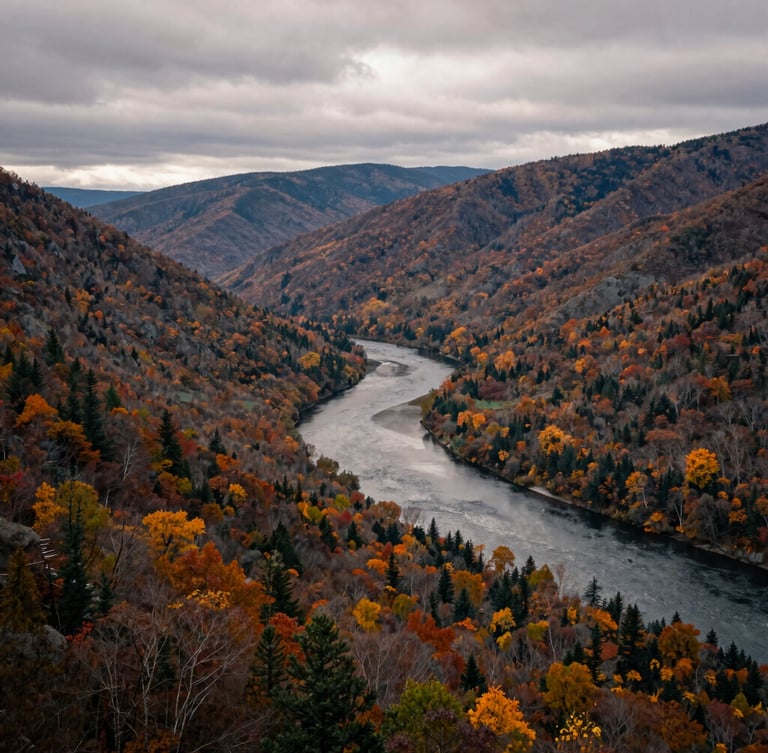 A wide-angle landscape of the Ramapough mountains under an overcast autumn sky, a quiet river winding through the valley, soft atmospheric light.