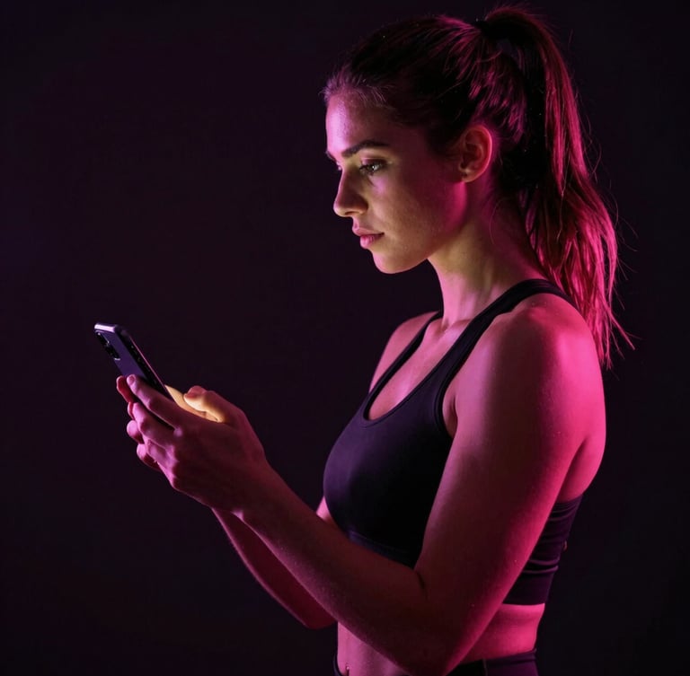 Mulher atlética acima de 30 anos, de perfil, olhando para uma tela de smartphone com um plano de treino, em um ambiente de estúdio escuro com iluminação de borda rosa neon, alto contraste, 35mm lens