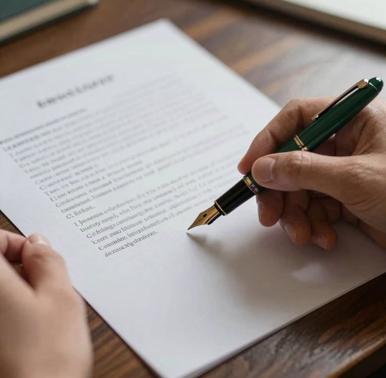 Close-up of a fountain pen on heavy textured paper, hands reviewing physical legal documents on a dark wooden desk, soft overcast European daylight, natural shadows, warm editorial photography, 35mm.