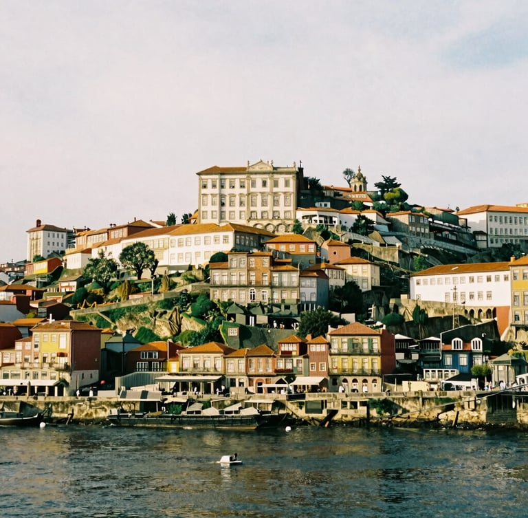Warm editorial photography of historic Porto architecture along the Douro river, soft overcast European daylight, deep forest green tones, 35mm