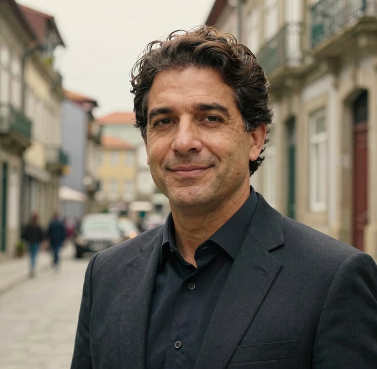 Close-up portrait of Dr. Luiz Bandeira, a professional Brazilian attorney in his late 30s, non-smiling, confident expression, wearing a tailored dark suit, natural overcast daylight in a historic Porto street, soft-focus stone architecture background.
