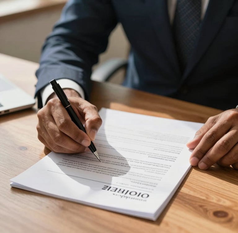Close-up of hands signing incorporation documents on a clean wooden desk, warm natural daylight, professional Indian office setting