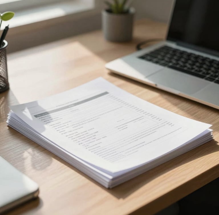 A bright, modern Indian office workspace with organized physical tax documents on a clean wooden desk, soft natural morning light streaming in.