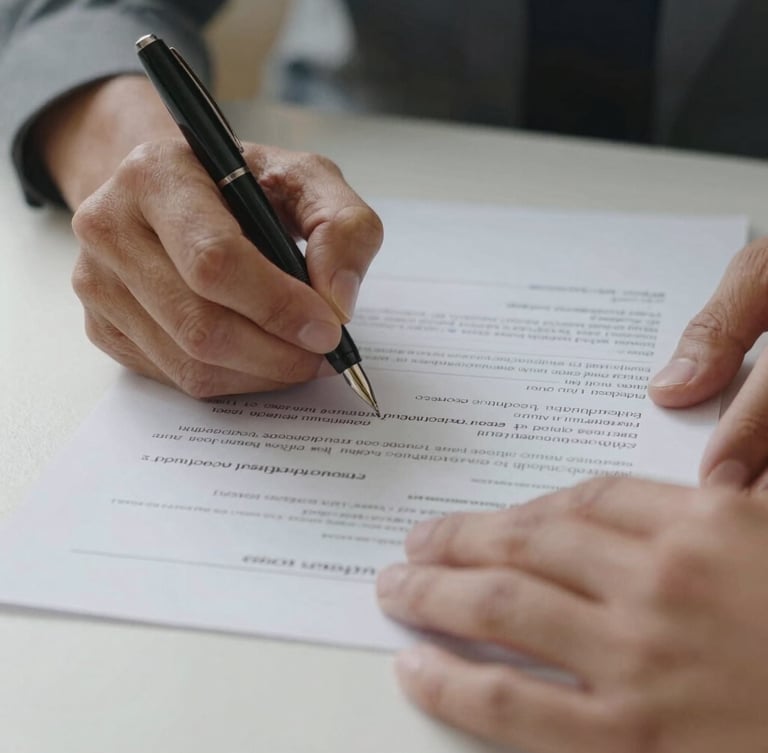 A close-up shot of hands carefully signing a compliance document with a fountain pen on a textured paper surface, soft natural daylight, minimalist and structured composition.