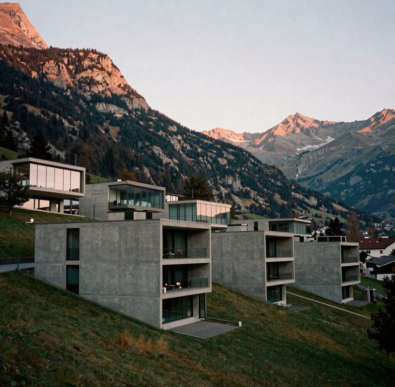 Wide environmental shot of a modernist concrete and glass estate nestled into a Swiss mountainside during golden hour, soft natural light, medium format film.