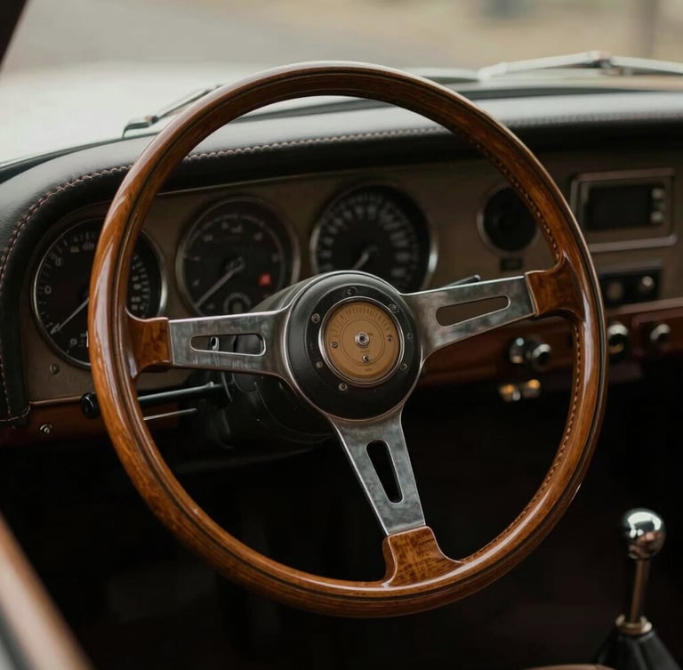 Close-up detail of a classic wooden steering wheel and hand-stitched leather dashboard of a rare vintage automobile, warm low-key natural light
