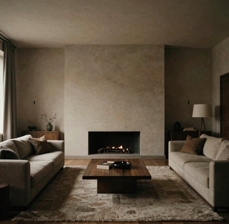 Symmetrical architectural view of a minimalist luxury living room, low-key natural light, warm desaturated tones, medium format film