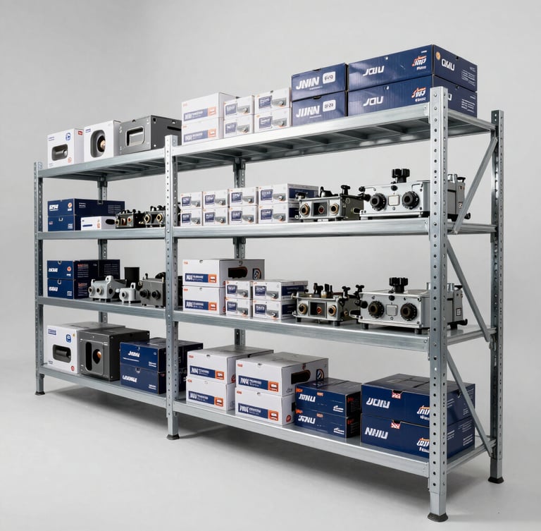 Clean spacious automotive warehouse in Vietnam with neatly organized shelves of boxed NKU and JUNN spare parts, bright even lighting, industrial silver and navy blue tones
