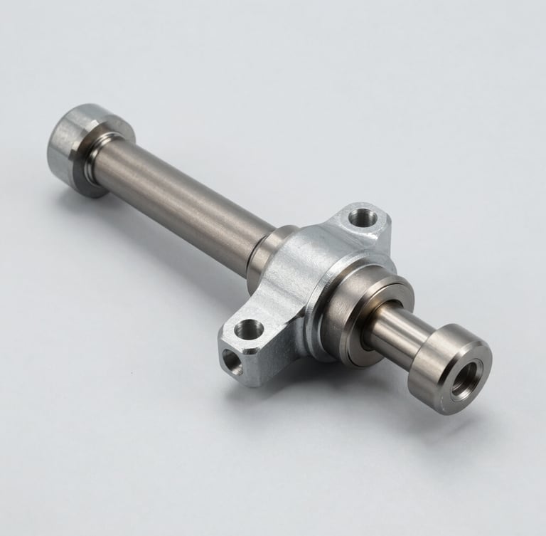 Crisp studio photography of a high-precision metal steering rack and pinion joint, bright even lighting, neutral light gray background, sharp technical details, 50mm lens