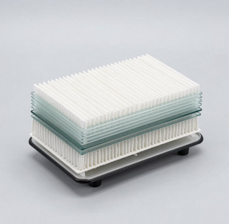 Detailed cross-section of a multi-layer automotive filter element, showing synthetic fibers and micro-glass media, technical presentation, studio lighting