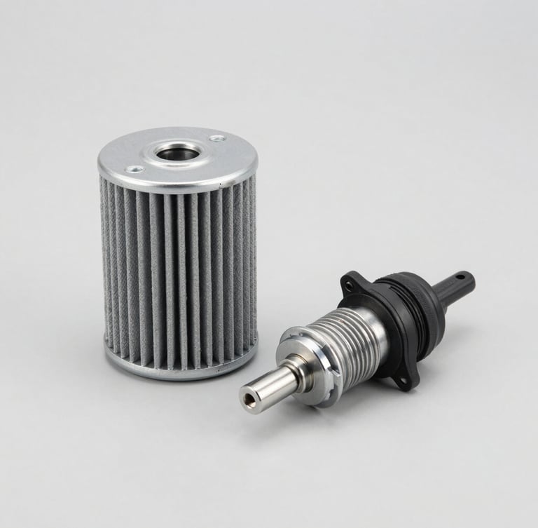 Crisp studio shot of a high-performance JUNN oil filter and an ignition coil on a neutral light gray background, bright even lighting, highlighting metallic and rubber textures