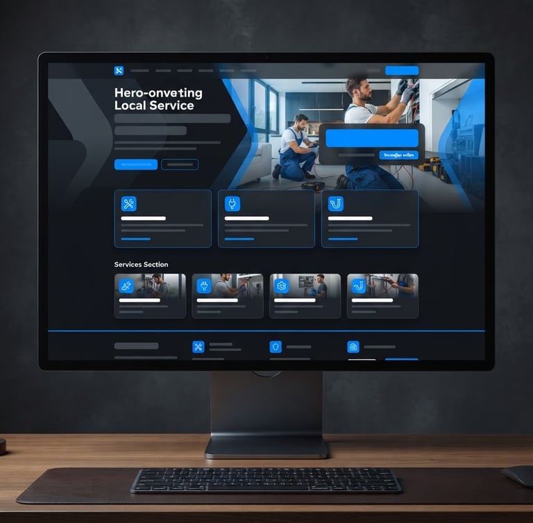 Straight-on desktop mockup of a high-converting local service website on a dark, sleek background, vibrant electric blue accents, sharp UI, clean modern daylight.