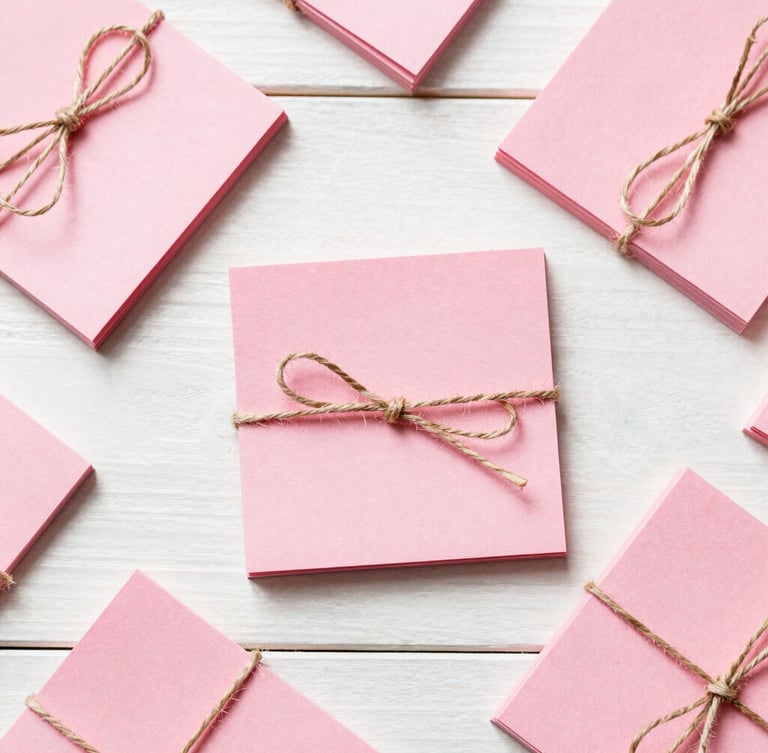 Overhead flat-lay of vibrant pink watercolor note cards tied with natural twine on a sunlit white wooden table, soft shadows, 35mm
