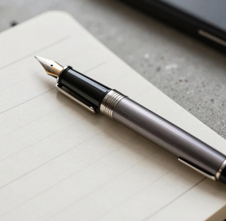 Macro close-up of a premium fountain pen resting on a heavy-weight textured paper notebook, clean architectural lines of a concrete desk, soft morning side-light, minimalist composition.