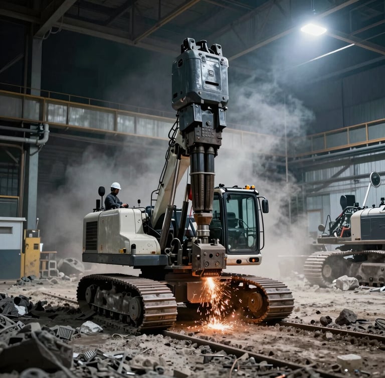 Wide environmental shot of a mobile line boring rig deployed on-site at a mining location, engineer operating equipment, dramatic high-contrast industrial lighting, cool steel tones, dust in the air, 35mm