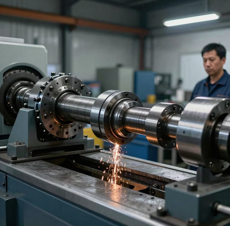 Wide shot of a heavy-duty truck driveshaft undergoing dynamic balancing on a precision machine, industrial workshop lighting, cool steel tones, engineer observing, sharp focus.