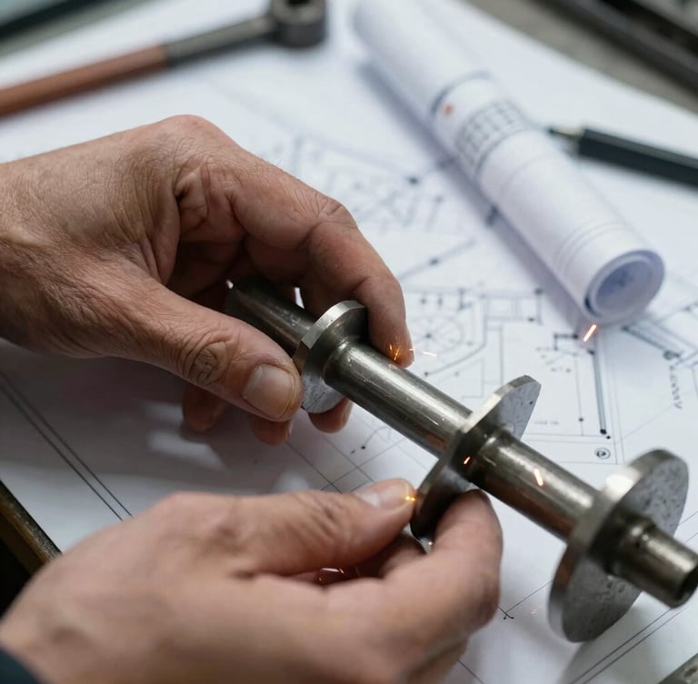 Close-up of an engineer's hands inspecting a custom-fabricated plough tine, with blueprints and tools in the background, industrial lighting, cool steel tones, sharp macro focus, 35mm