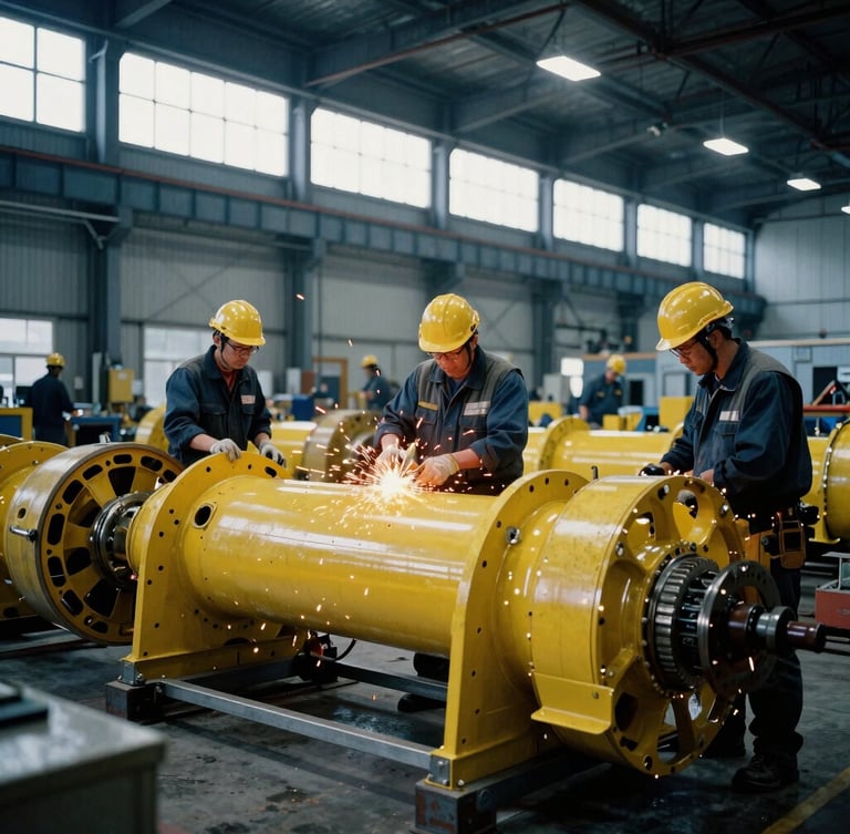 Wide environmental shot of engineers working on massive yellow-fleet components inside a high-ceilinged workshop, cool blue tones, natural daylight streaming through high warehouse windows, high-contrast industrial lighting, 35mm.
