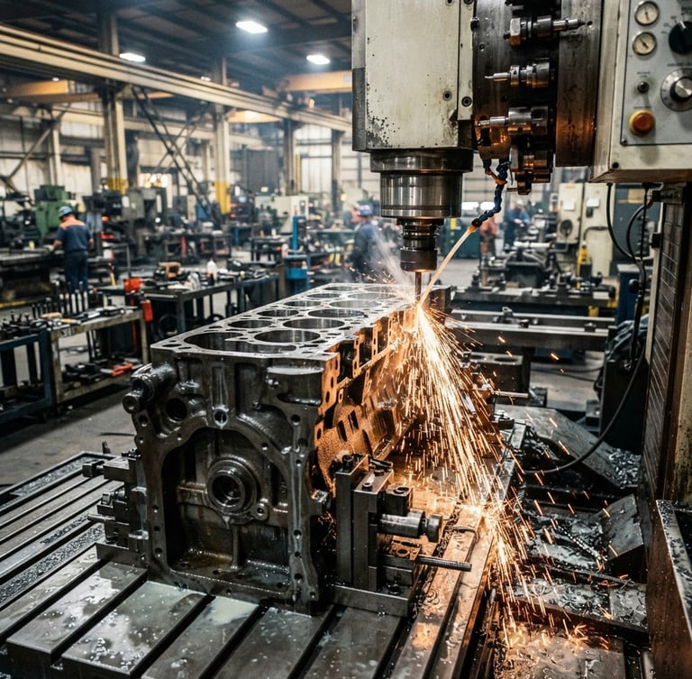 Wide shot of a heavy-duty tractor engine block being precision machined in a well-lit industrial workshop, cool steel tones, warm orange sparks, sharp macro focus, 35mm