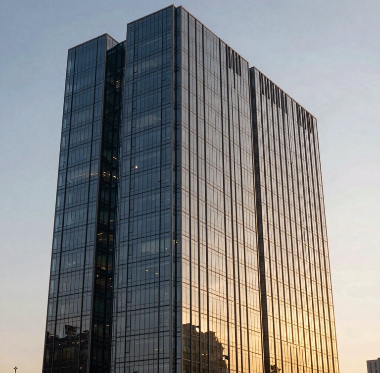 Sleek modern high-rise glass facade on Golf Course Road during golden hour, sharp architectural lines, warm sunlight reflecting off windows, professional corporate aesthetic