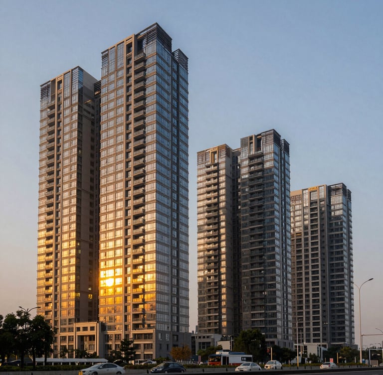 Sleek architectural twilight photography of modern high-rise residential towers along Dwarka Expressway in Gurugram, golden lights reflecting on glass facades, wide-angle perspective.