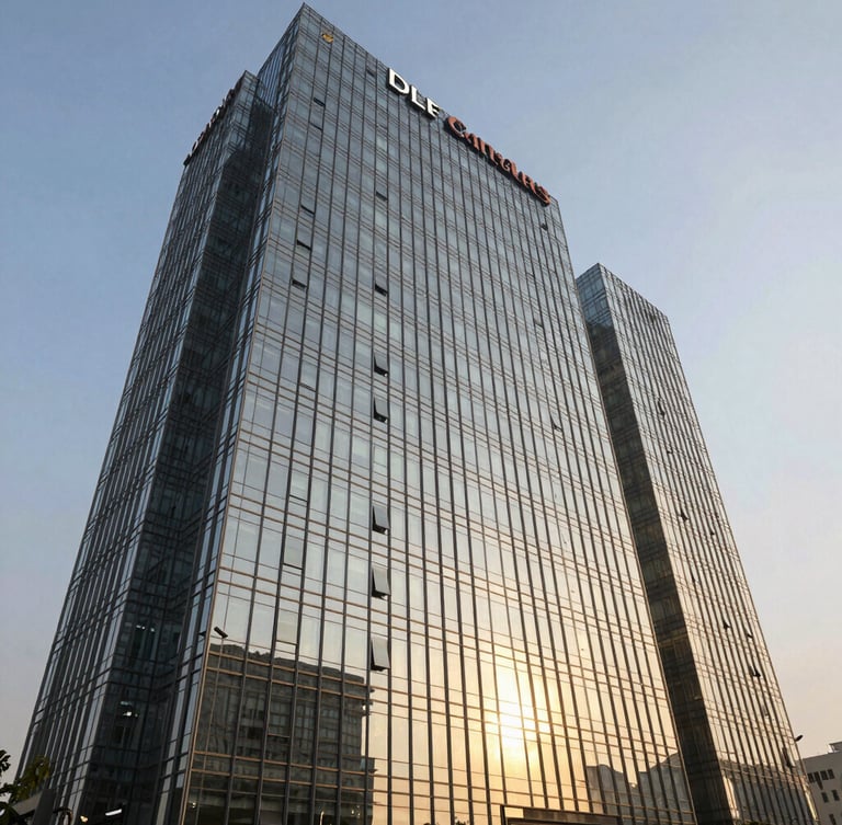 Sleek modern high-rise glass facade of DLF Camellias in Gurugram, bright golden-hour sunlight reflecting off glass windows, architectural photography, wide-angle lens