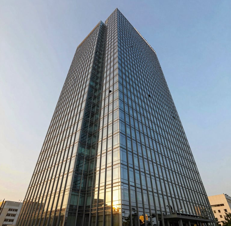 Wide-angle architectural photography of modern glass office tower in Gurugram under bright natural golden-hour sunlight, sharp focus