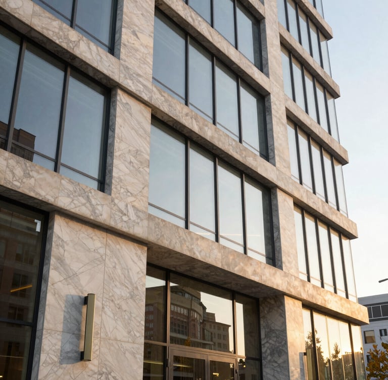 Close-up of premium marble and glass architectural finishes on a modern corporate building, sharp focus, warm editorial tones