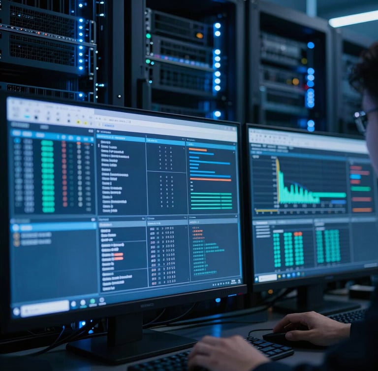 Close-up of network engineers monitoring dashboards, cool-toned blue LED lighting, sharp focus on screens, 35mm