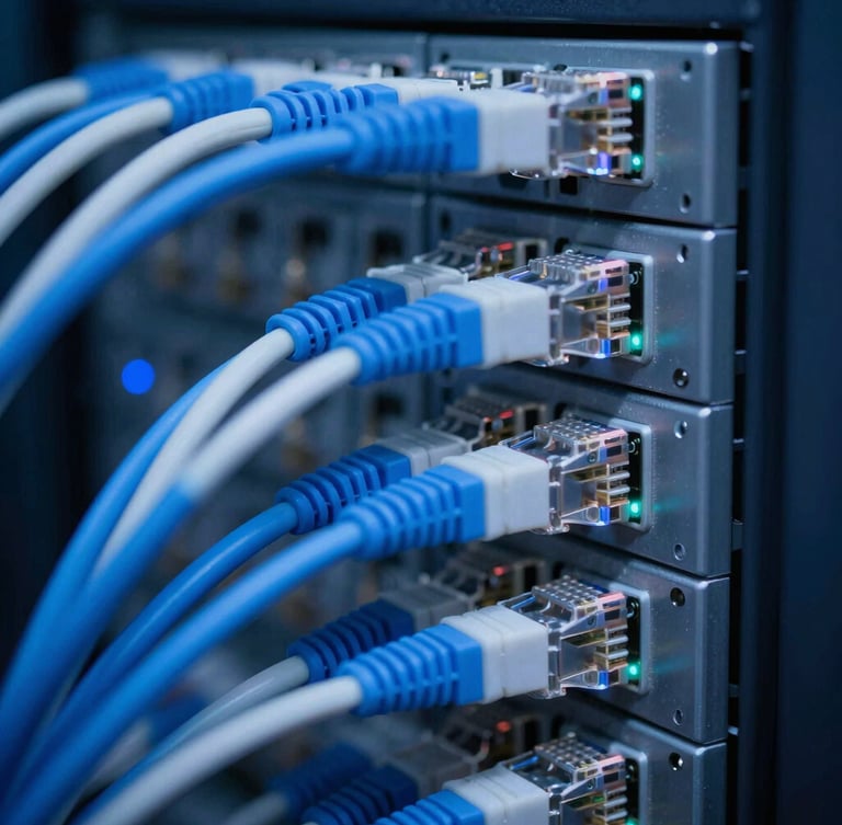 Macro close-up of immaculate structured cabling in a server rack, sharp focus on blue and white ethernet cords, cool-toned technical photography, low-key blue LED lighting, 35mm