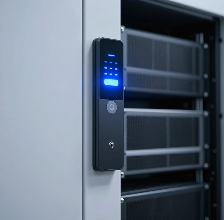 Modern office security access point with LED indicator, clean architectural shot, cool-toned lighting, 35mm