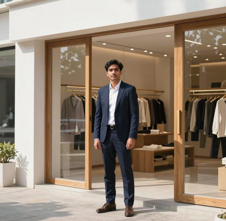 A professional local entrepreneur in a bright, modern retail space in Northeast India, natural daylight, clean high-contrast shadows, sharp focus.