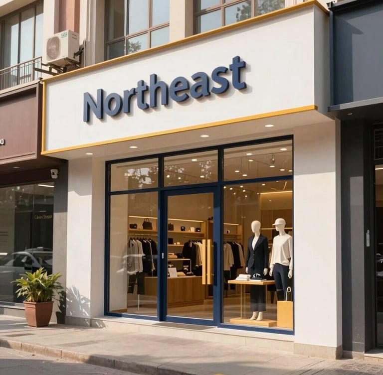 A bright, modern retail franchise storefront in Northeast India, clean architectural lines, natural daylight, warm marigold accents, professional editorial style.