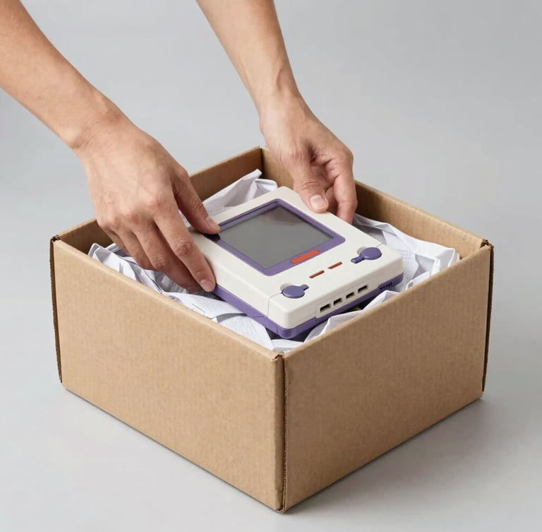 Hands carefully placing a wrapped retro gaming console into a thick double-walled cardboard box filled with protective paper, clean studio lighting, neutral background