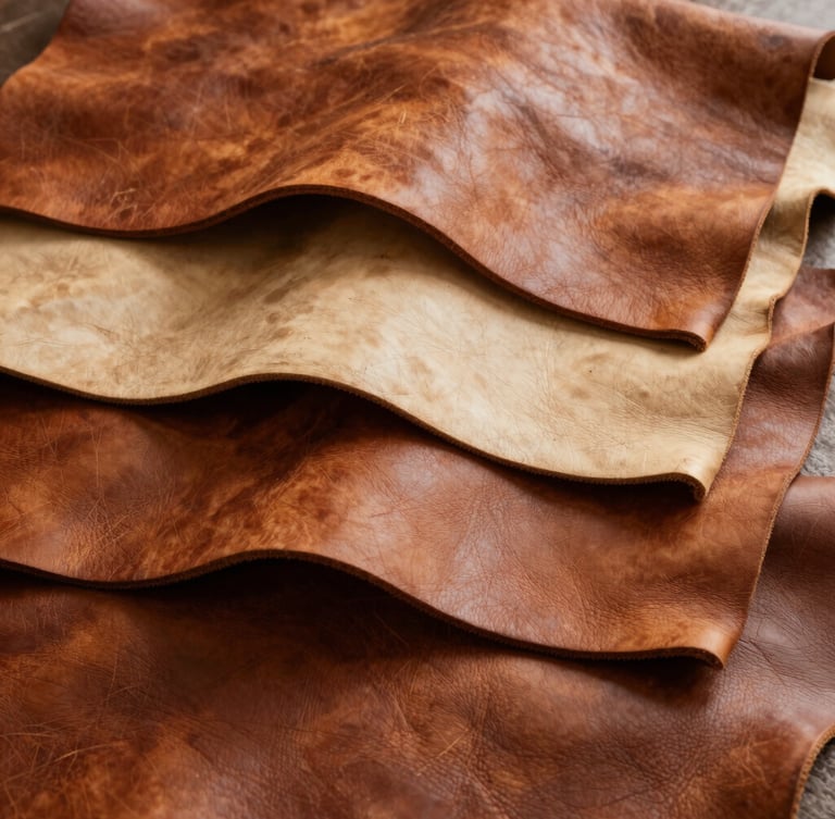 Wide portrait shot of a stack of raw, richly textured full-grain leather hides in warm brown and beige tones, bathed in soft diffused natural light, showing natural imperfections and depth, bleeding to the right edge.