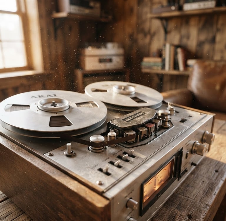 Macro shot of old analog reel-to-reel tape recorder in a wooden-paneled room, warm natural window light, dust motes in the air