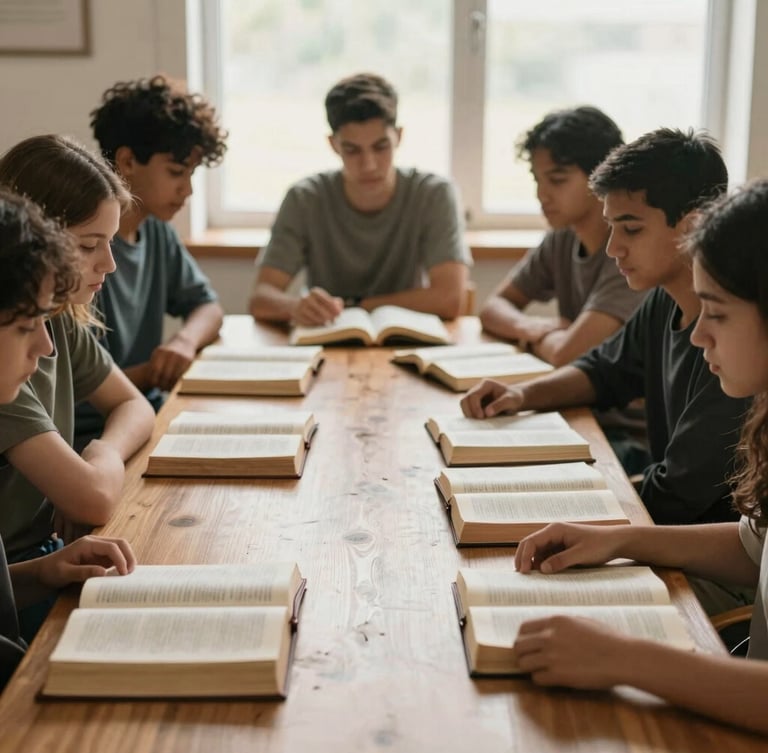 Candid, unposed medium shot of a small group of serious students sitting around a wooden table with open Bibles, soft low-contrast lighting