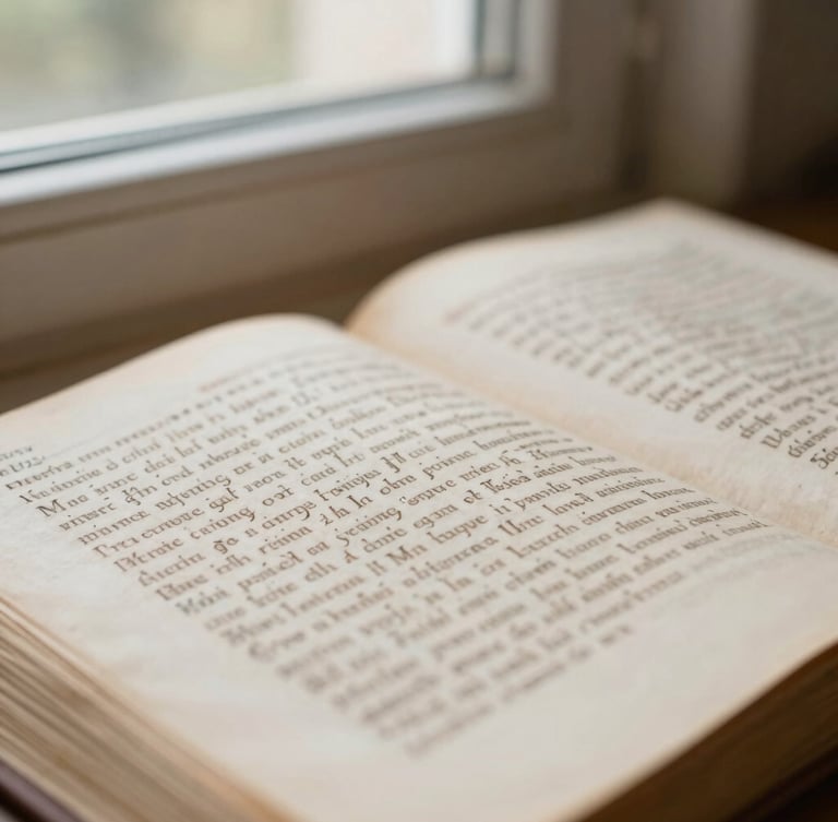 Macro shot of an open Greek manuscript with handwritten margin notes, soft natural window light, shallow depth of field, warm paper textures