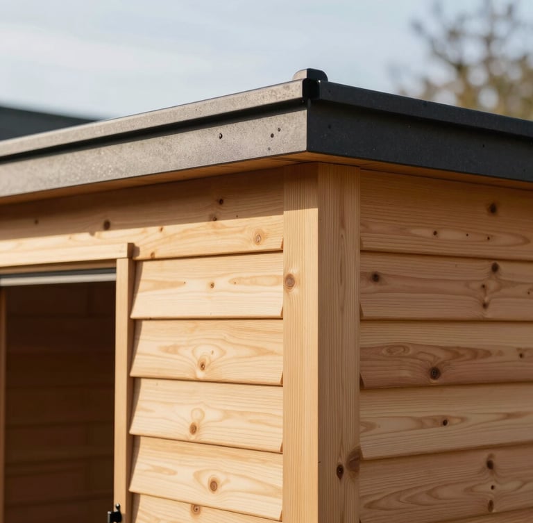 Crisp architectural photography, bright morning sunlight, close-up macro shot of premium timber joinery and warm cedar siding on a modern shed, clean architectural details, 35mm lens