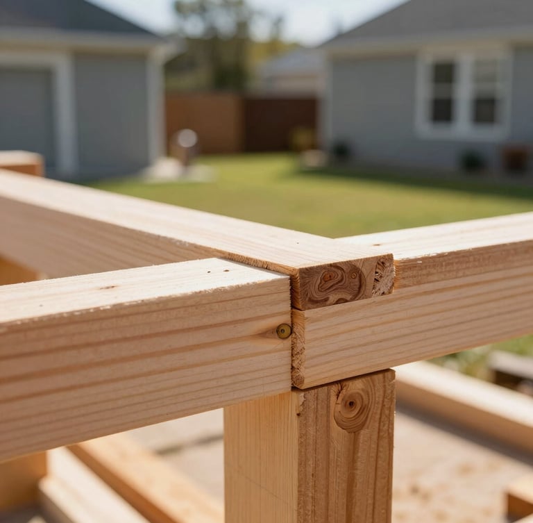 Close-up macro shot of a carpenter securing raw timber joints on-site, bright morning sunlight, warm cedar tones, 35mm lens.