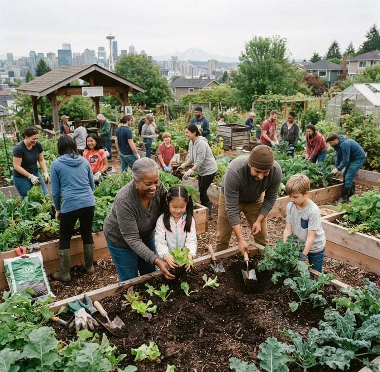 Wide panoramic Washington community garden workshop, diverse group of people of all ages planting vegetables together, soft overcast Pacific Northwest daylight, earthy natural tones, candid community connection, 35mm film