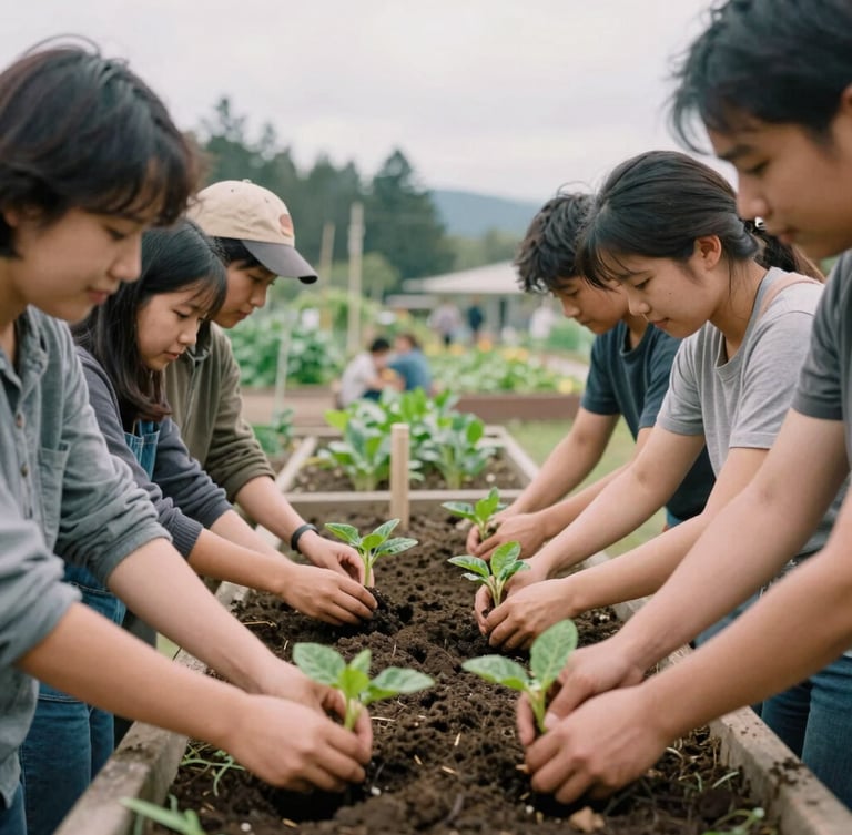 Medium shot of diverse community members, hands planting seedlings in a vibrant community garden, soft overcast Pacific Northwest daylight, earthy natural tones, candid interaction, 35mm film