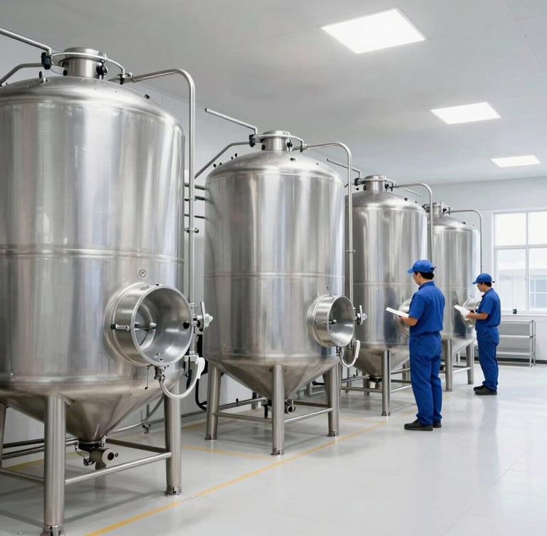 Wide shot of a spotless modern dairy processing plant, stainless steel milk tanks, workers in clean uniforms, bright natural light, sharp focus, 35mm