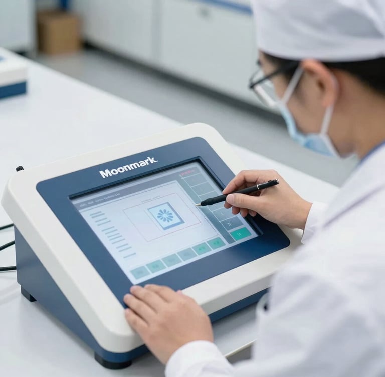 Close-up of a worker in a clean white Moonmark uniform inspecting a digital quality control board on a spotless factory floor, bright daylight