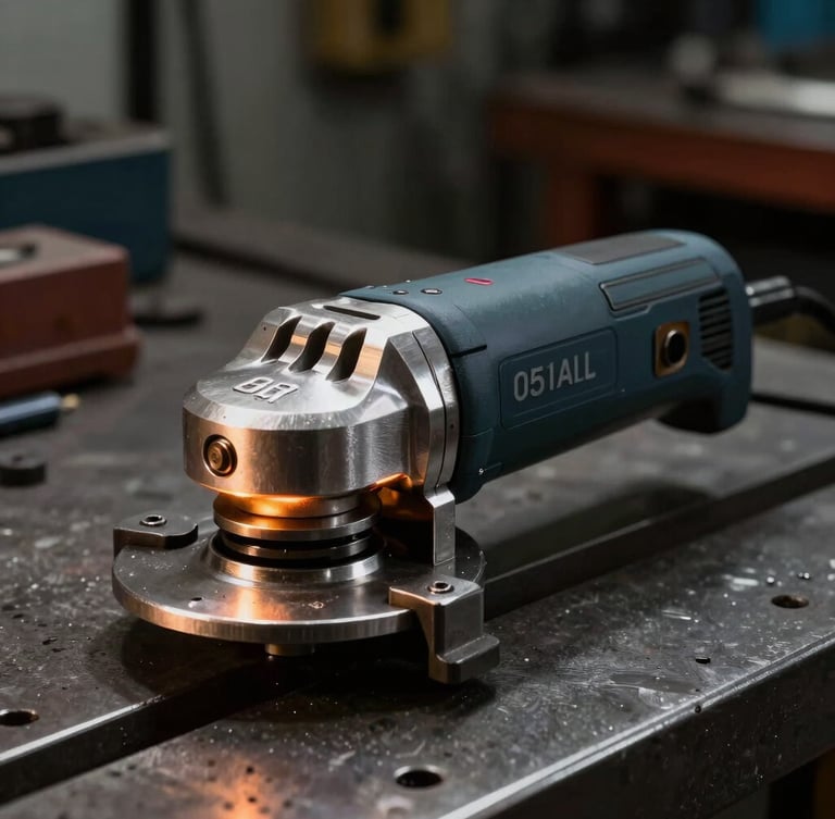 Macro shot of a heavy-duty pneumatic die grinder on a dark metal workbench, dramatic amber rim-lighting highlighting the hardened steel housing and laser-etched serial number, low-key industrial workshop background.