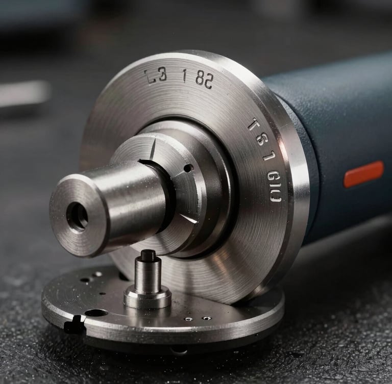 Macro shot of a heavy-duty pneumatic die grinder, raw machined steel finish, laser-etched serial number, dramatic rim lighting on metallic edges, dark industrial background.